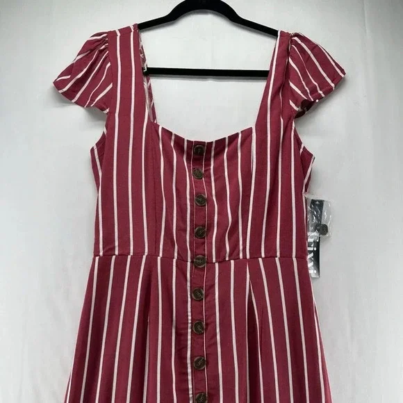 Trixx Dress Size XL A-Line Midi Striped Faux Button Front String Back Rayon Red - Picture 3 of 11